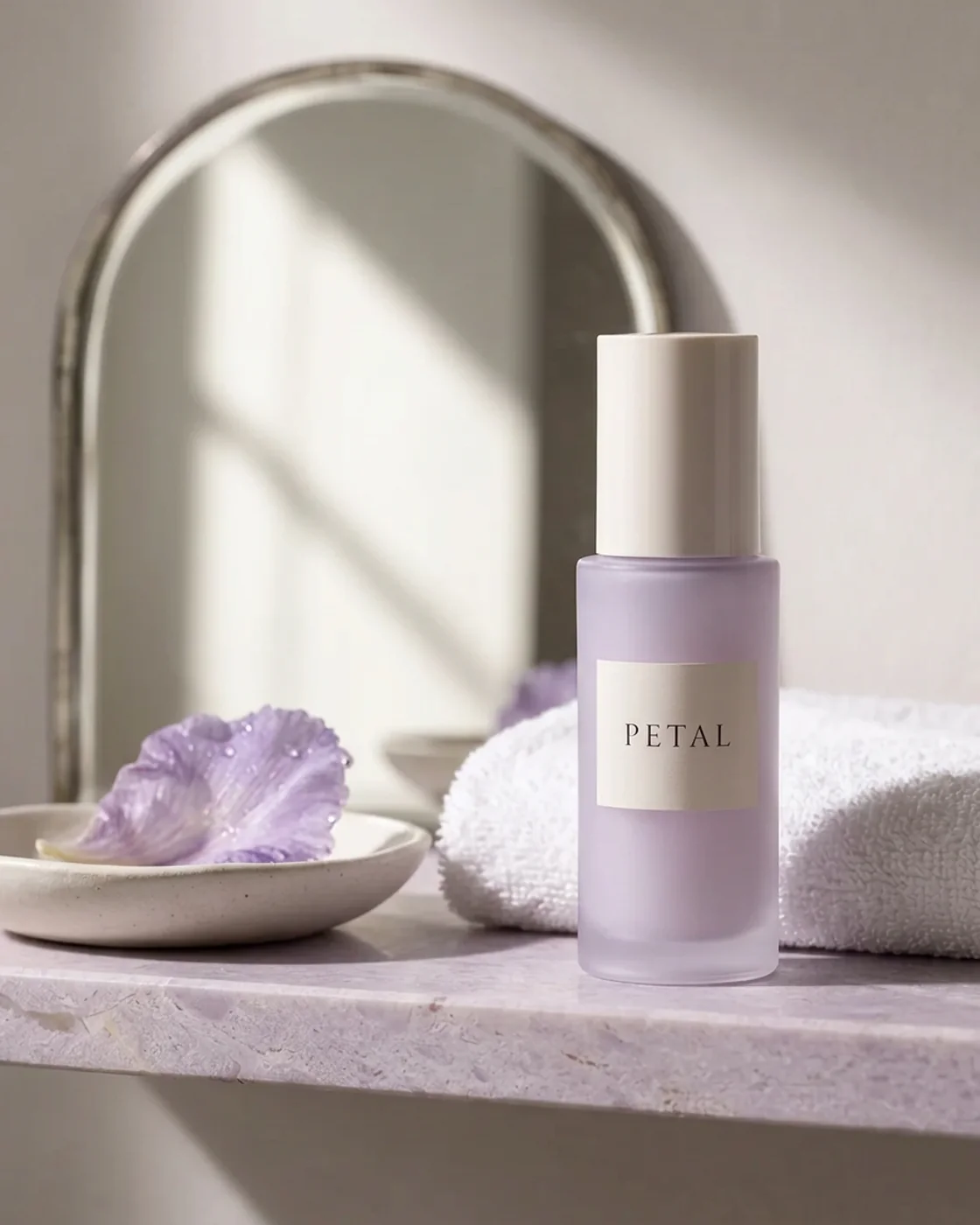 A lilac Petal bottle on a stone shelf beside a white towel and a purple petal in a ceramic dish, with morning light crossing an arched mirror.