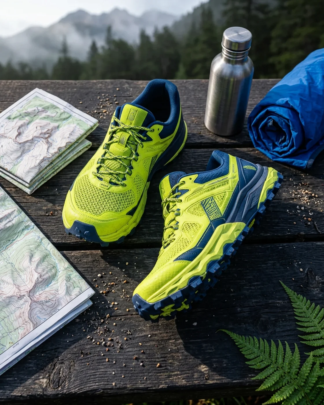 Lime and cobalt trail shoes arranged on a weathered wooden bench with a folded map, steel water bottle, and blue windbreaker.