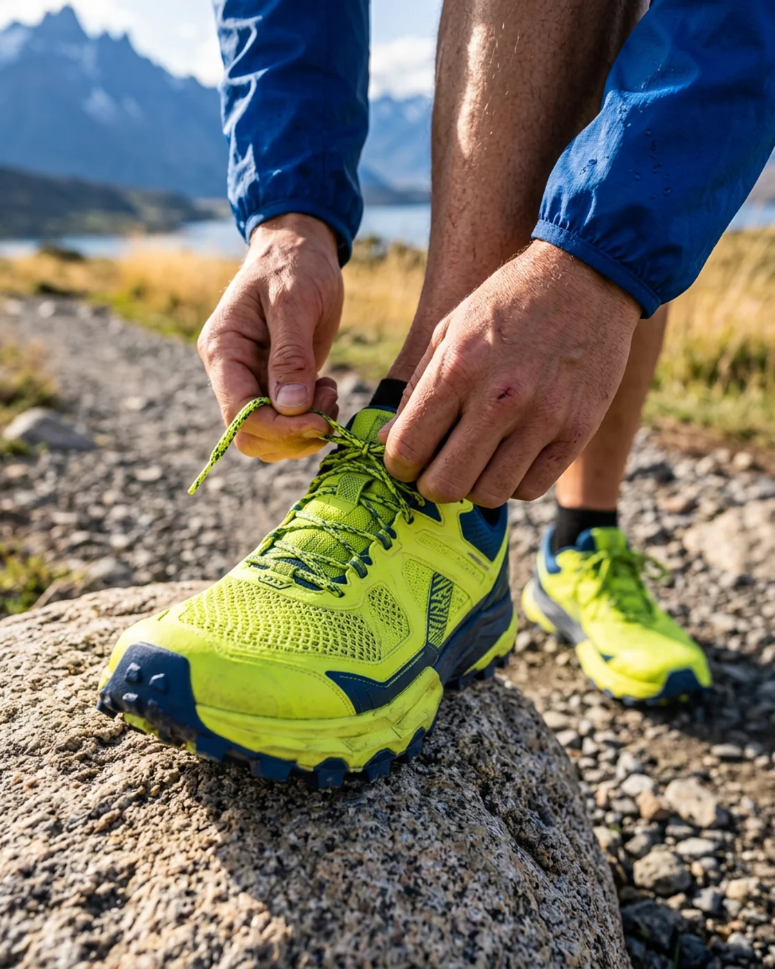 A runner in a blue windbreaker ties the lime laces of a trail shoe resting on a granite boulder, with a lake and mountains behind.