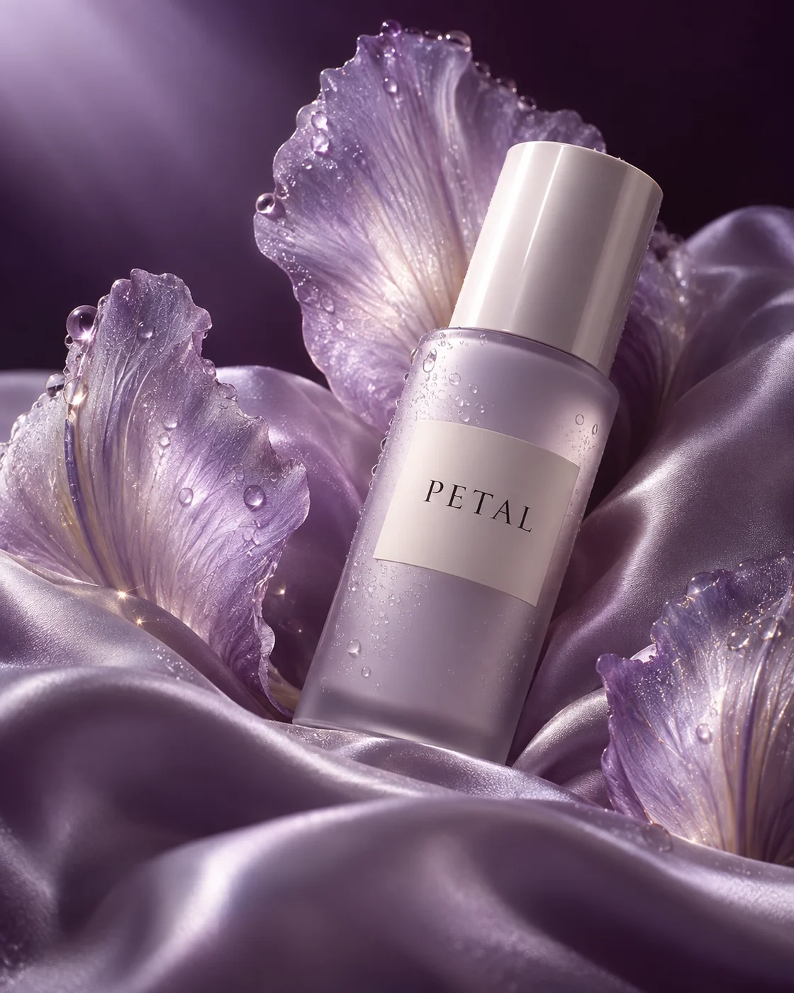 AI-generated skincare campaign concept for the illustrative brand Petal, in lavender and pearl tones.